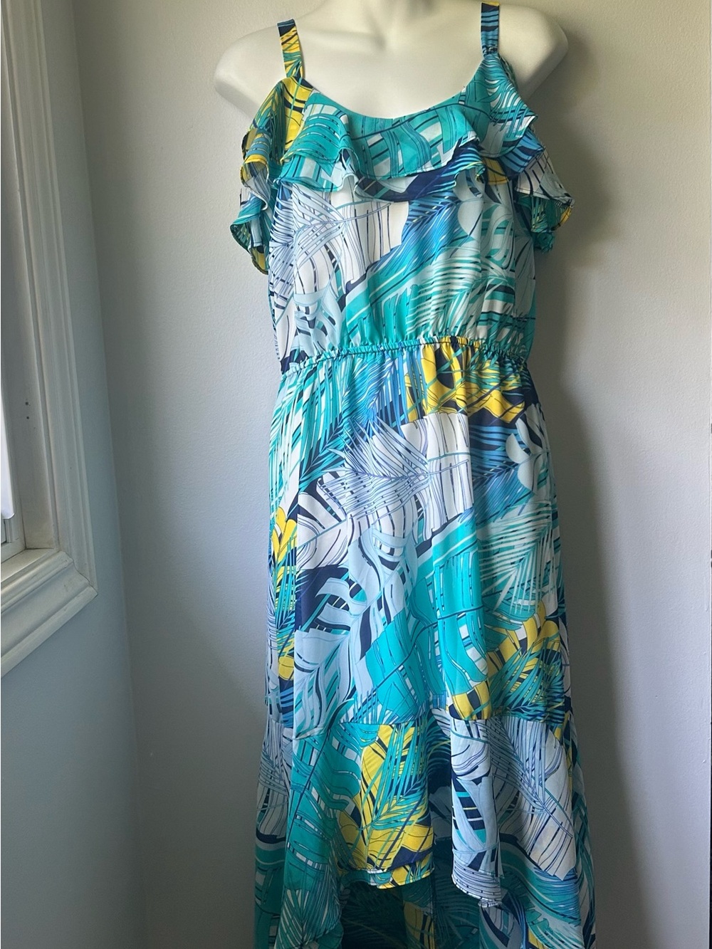 Roz & Ali Tropical Off-the-Shoulder High-Low Maxi Dress